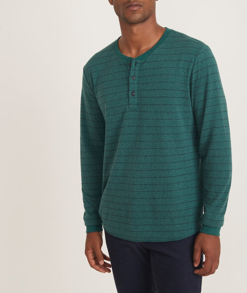 Marine Layer Double Knit Long Sleeve Baseball Henley in Natural/Moonless Night