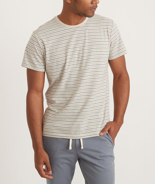 Signature Crew Tee in Hedge Green and Vintage Indigo Stripe