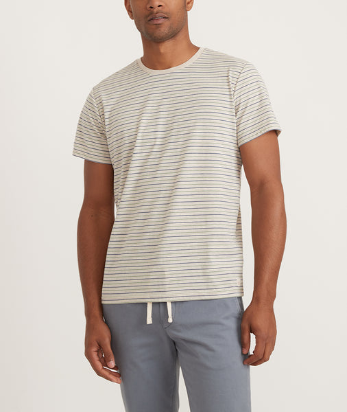 Signature Crew Tee in Hedge Green and Vintage Indigo Stripe