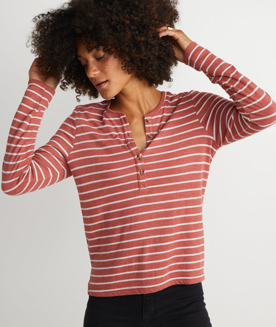 Double Knit Henley Brick Red/White Stripe