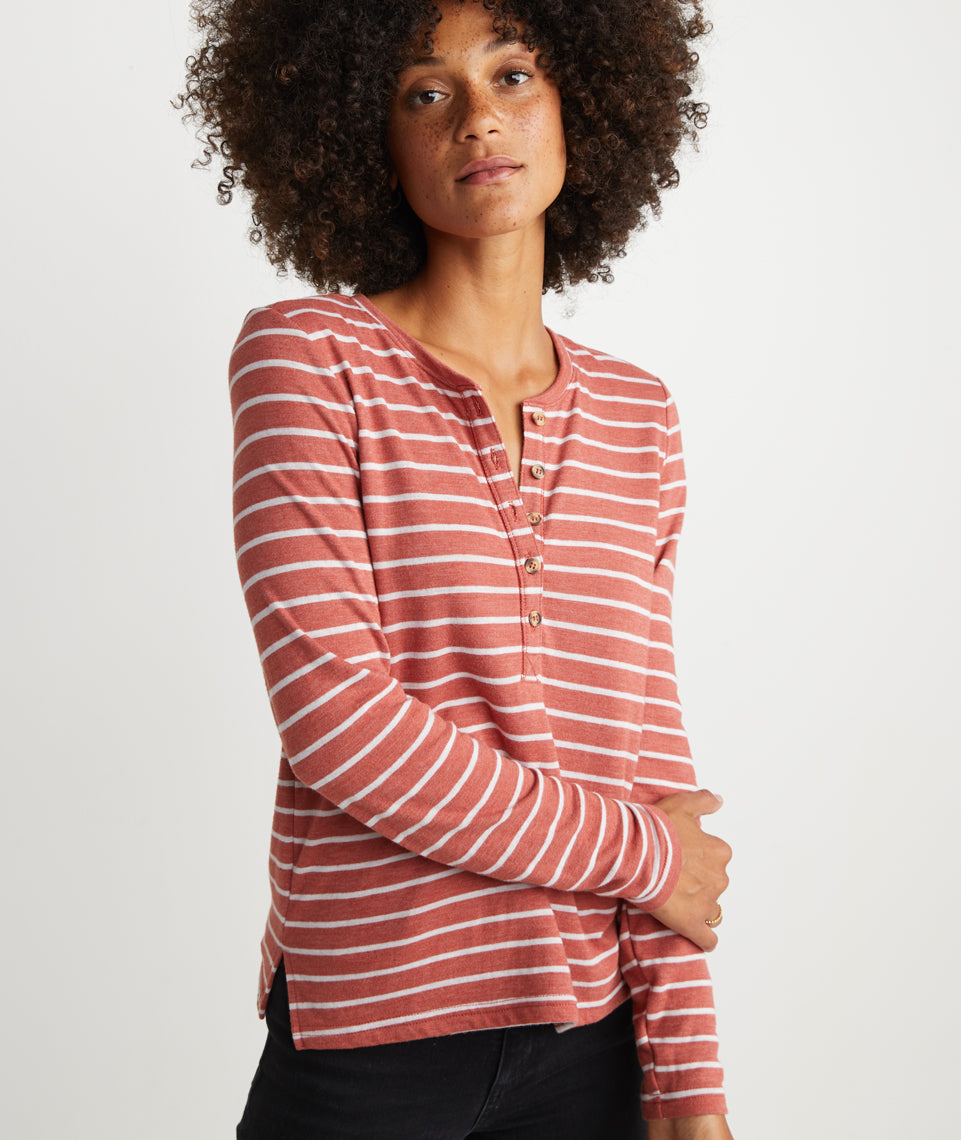 Double Knit Henley Brick Red/White Stripe