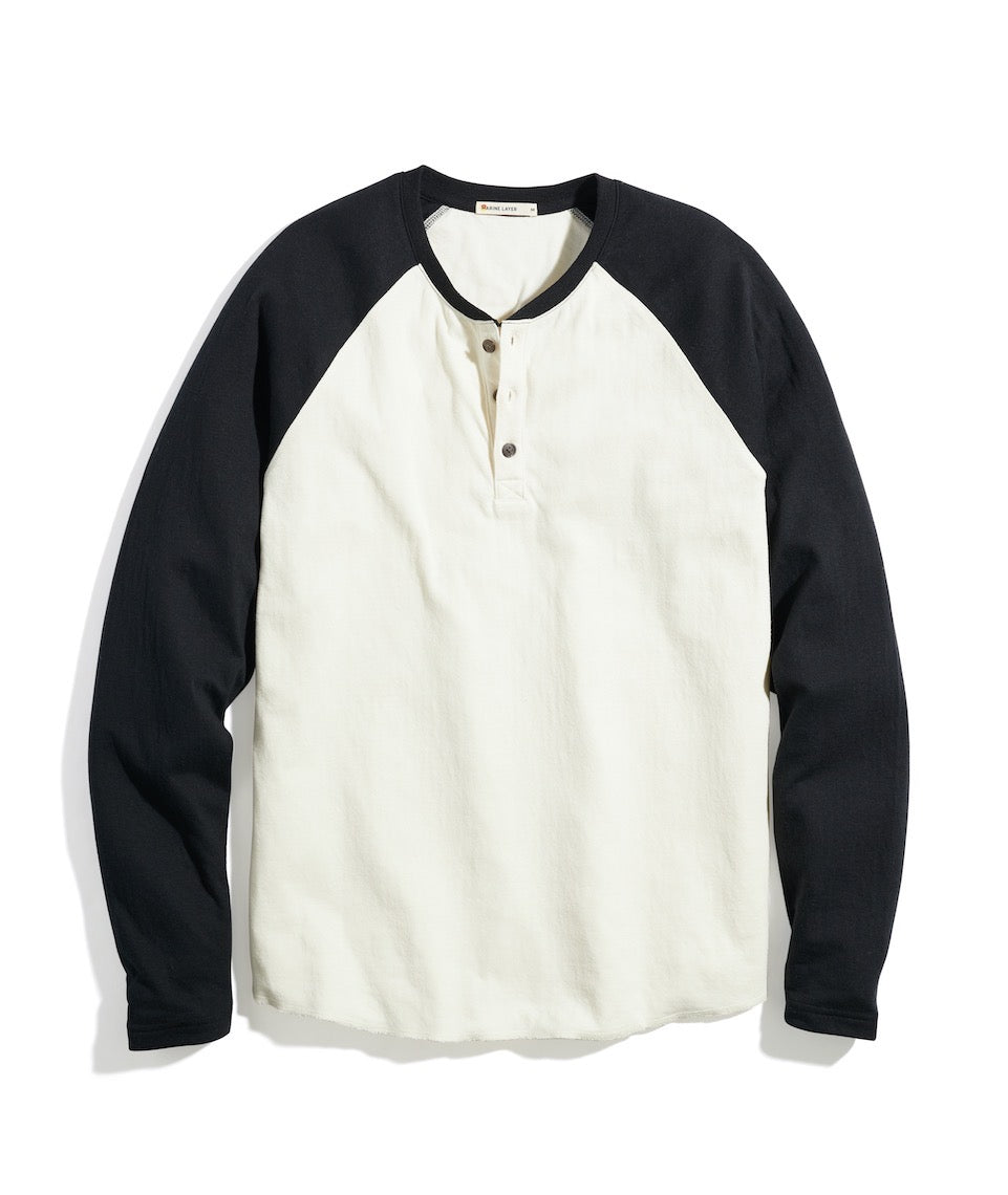 Marine Layer Double Knit Long Sleeve Baseball Henley in Natural/Moonless Night