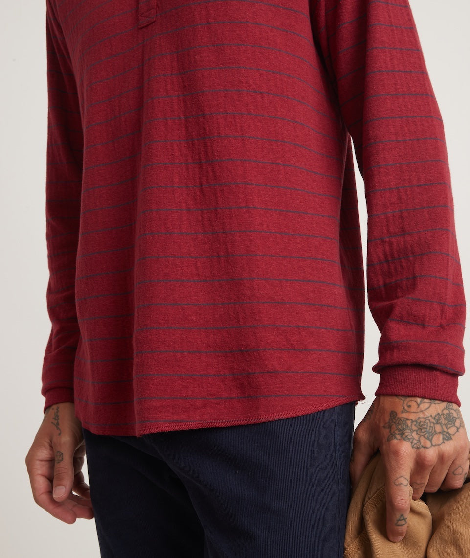 Double Knit Long Sleeve Easy Stripe Henley in Rhubarb/Navy Stripe