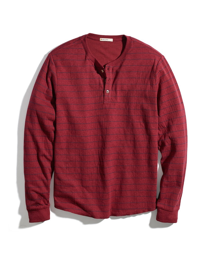 Double Knit Long Sleeve Easy Stripe Henley in Rhubarb/Navy