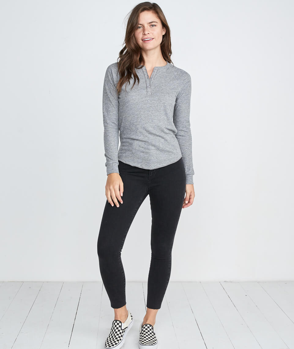 Women's Grey Marle Cotton Long Sleeve Henley Top with Tapered Pant