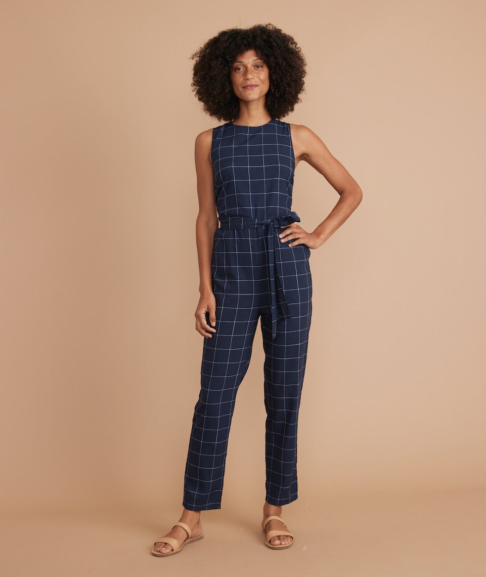 Eloise Belted Jumpsuit Navy Windowpane