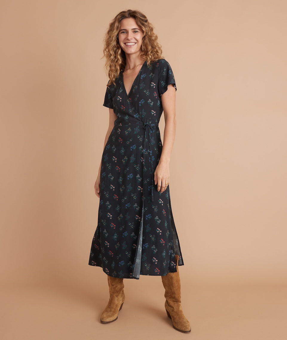 Emlyn Midi Wrap Dress Black India Floral Print