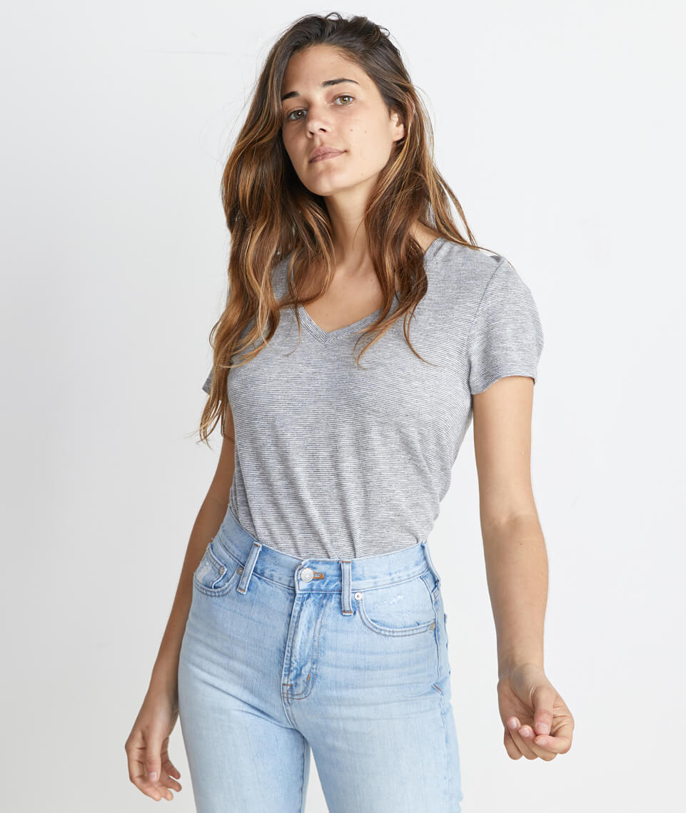 Slub V-Neck Thin Grey and White Stripe