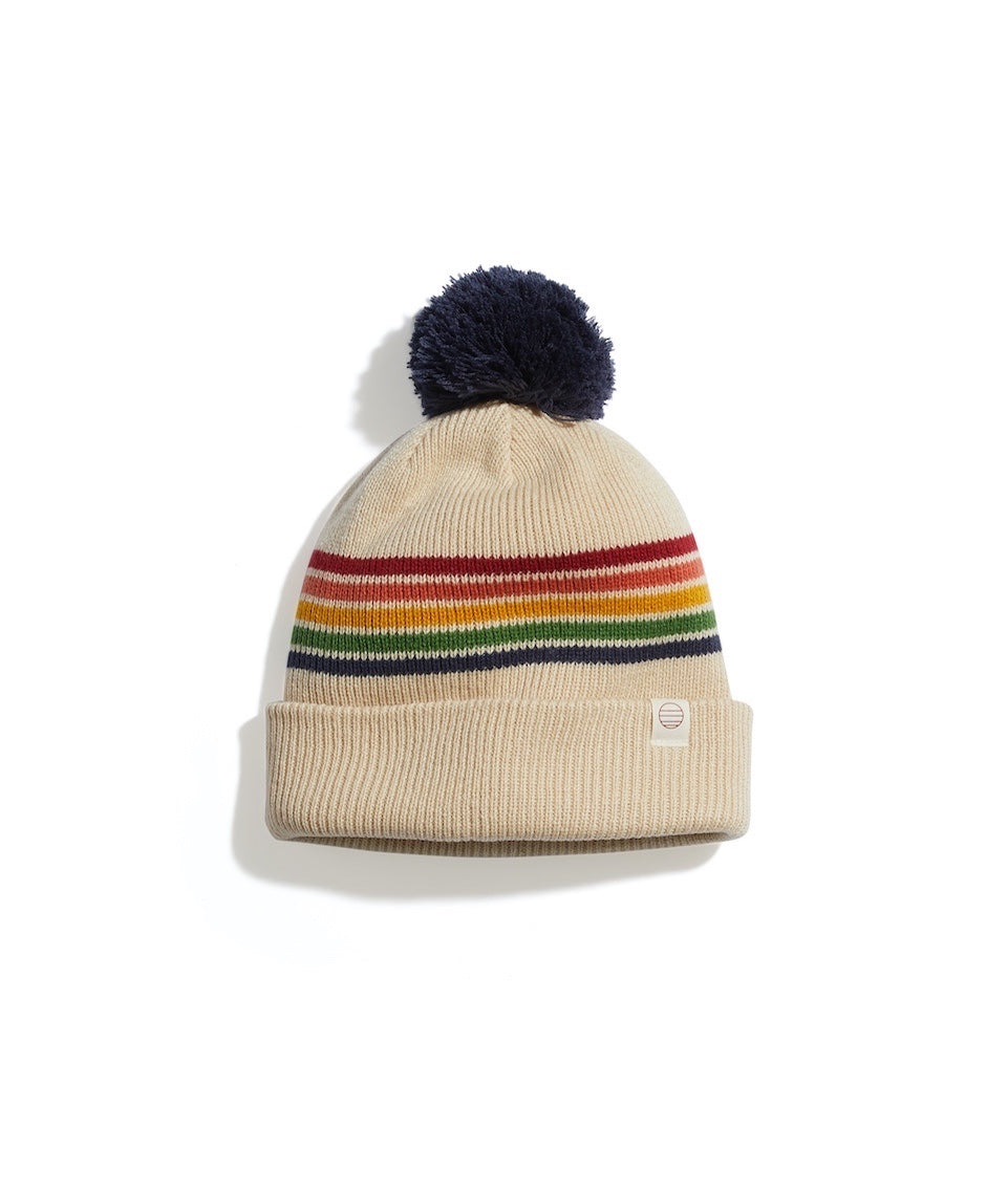 Glacier Pom Beanie in Tan/Multi Stripe