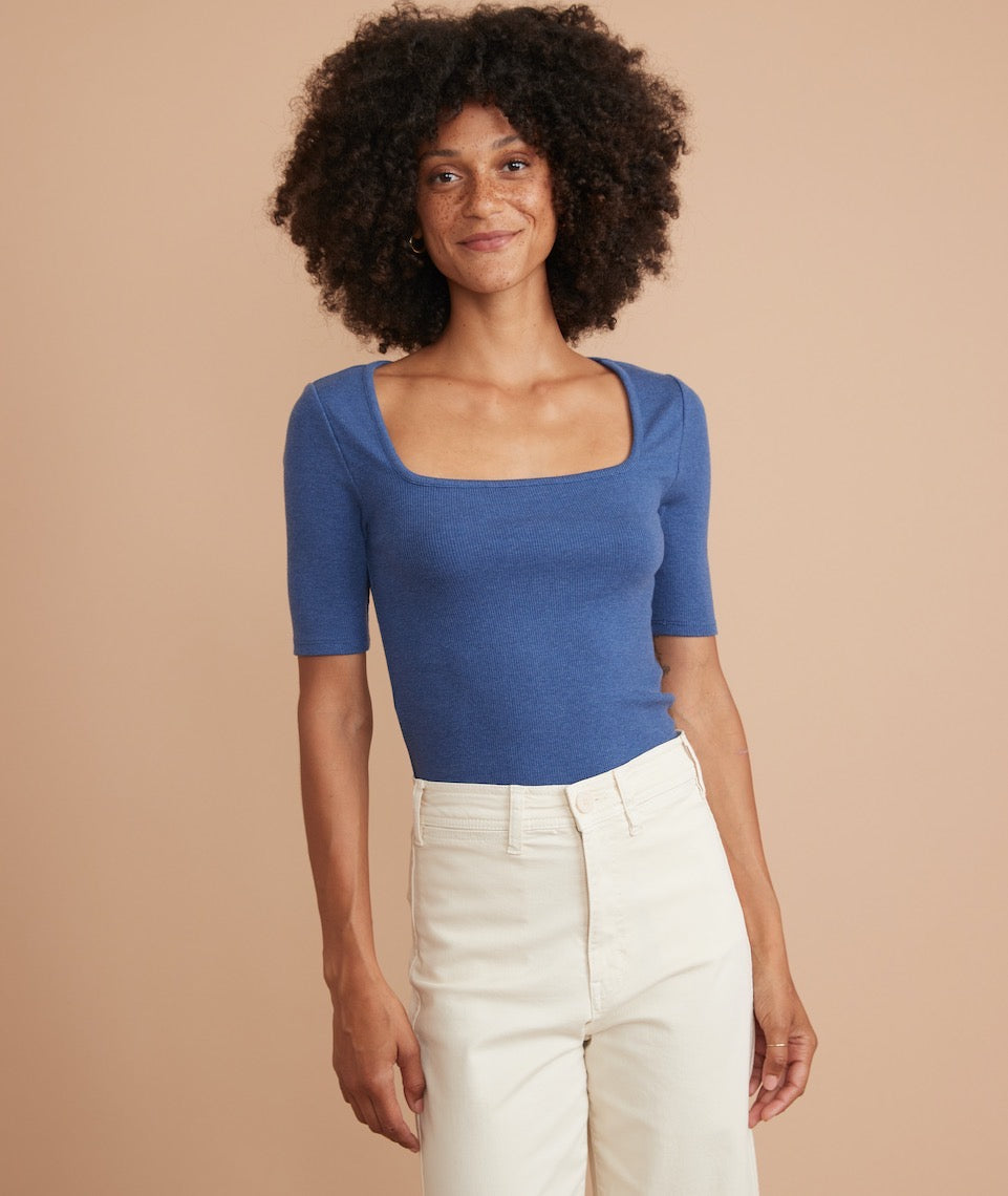 Lexi Rib Square Neck Top Blue Heather