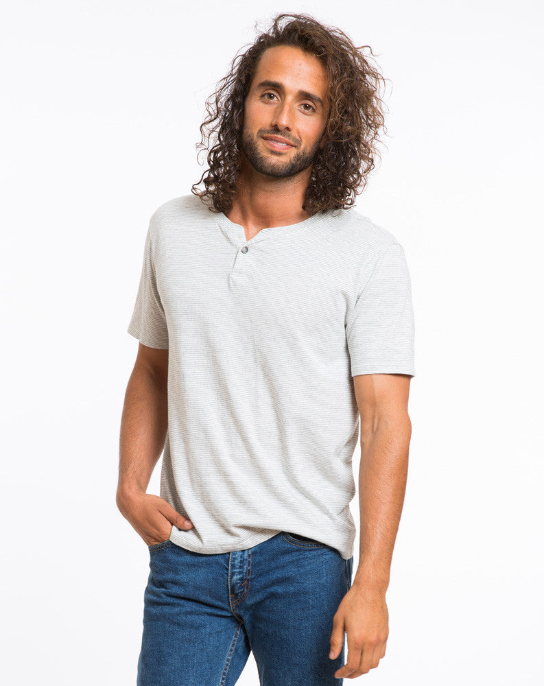 Shortsleeve Henley - Grey and White Stripe