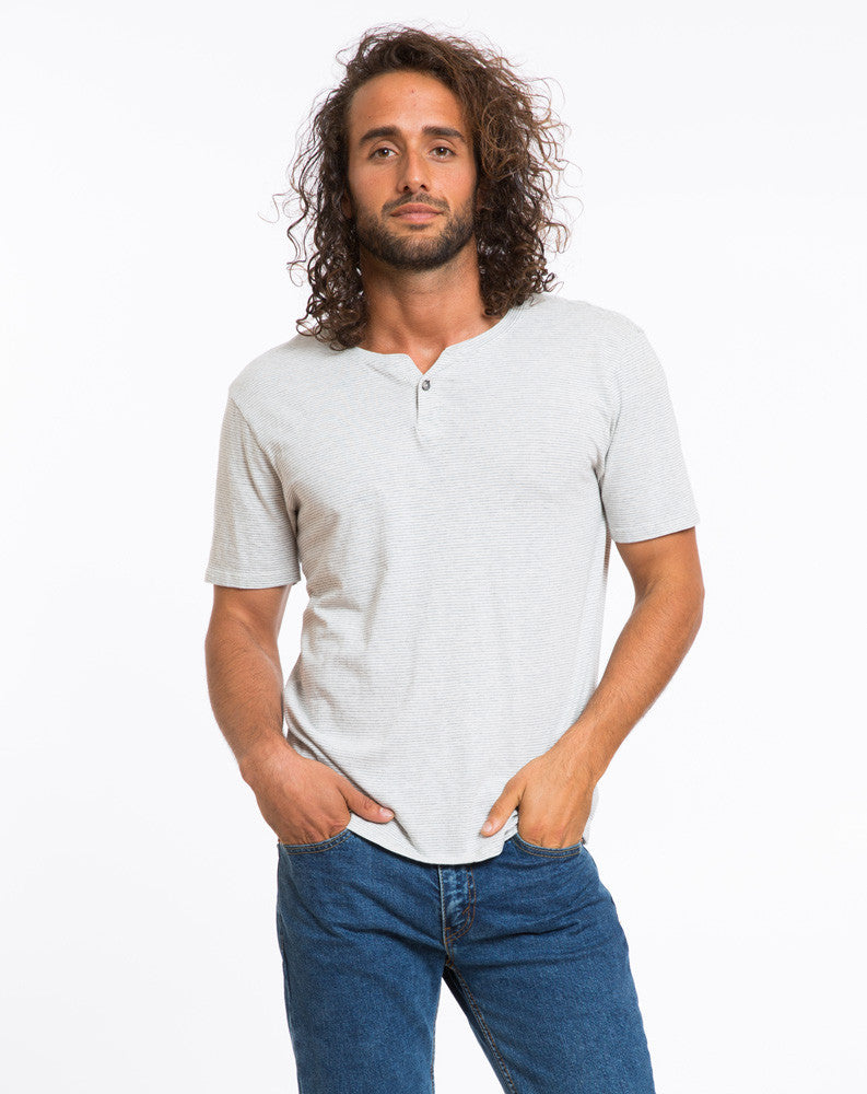 Shortsleeve Henley - Grey and White Stripe