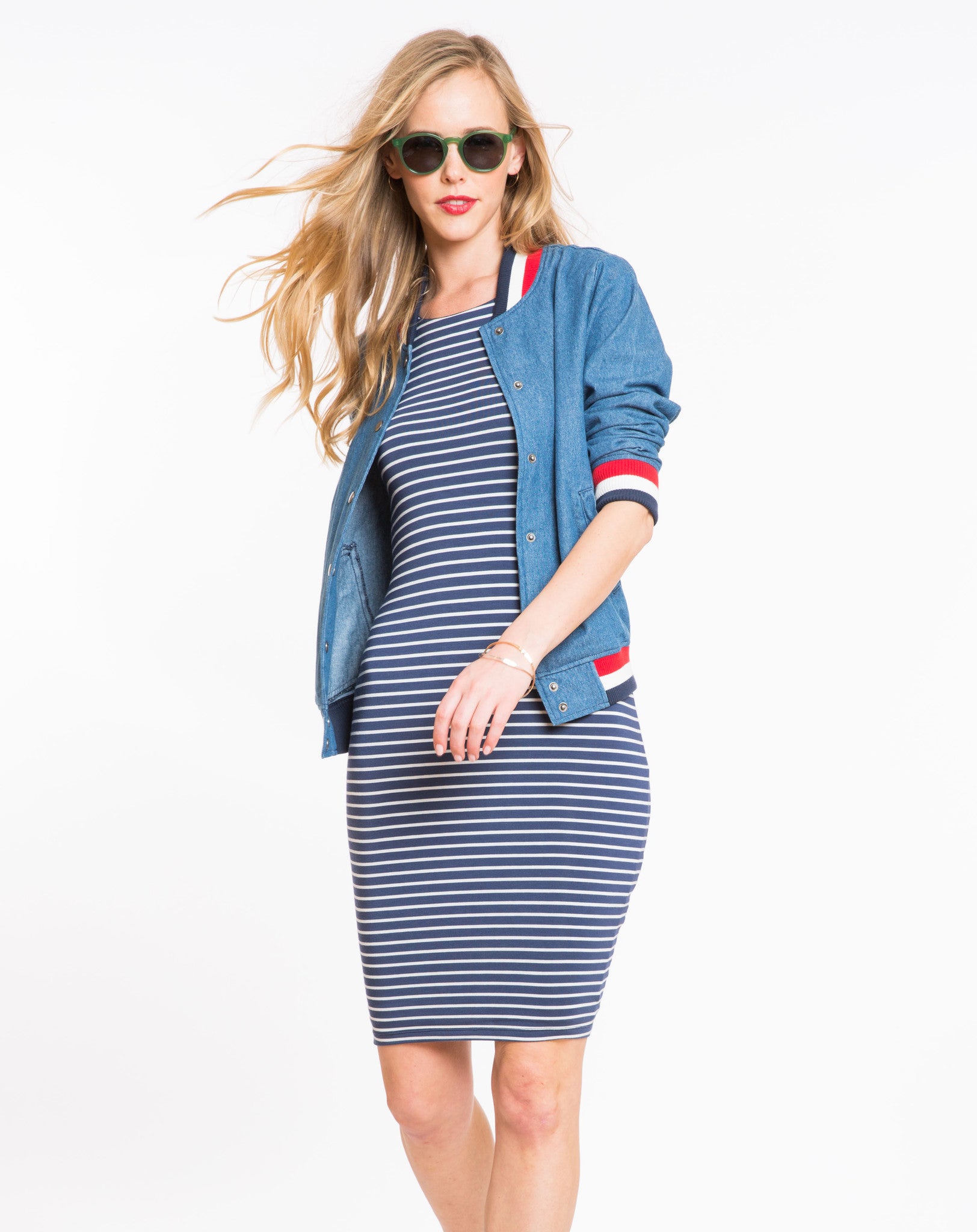 Spandex Midi Tank Dress - Navy and White Stripe