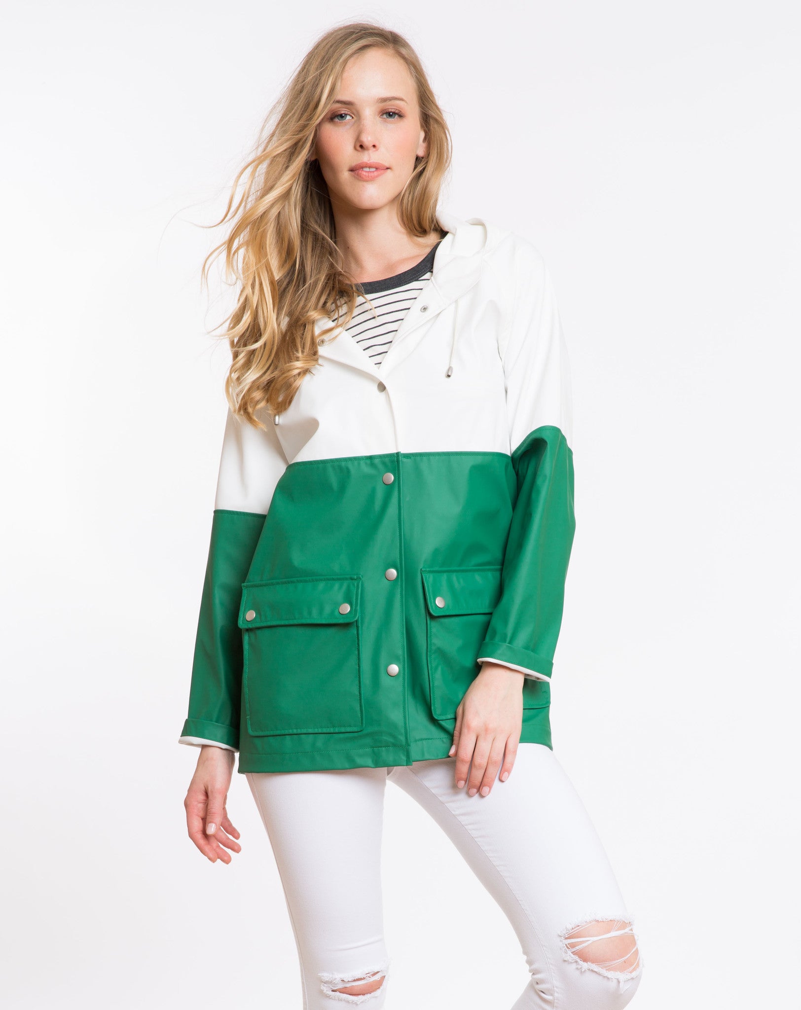 Classic Colorblock Raincoat - Green and White