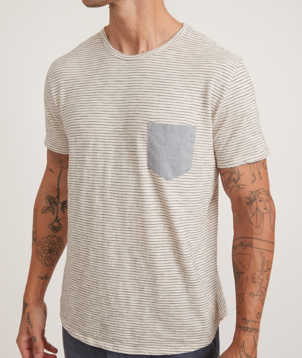 Saddle Hem Chambray Pocket Tee Natural/Black Stripe