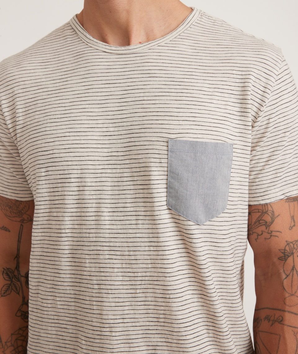 Saddle Hem Chambray Pocket Tee Natural/Black Stripe