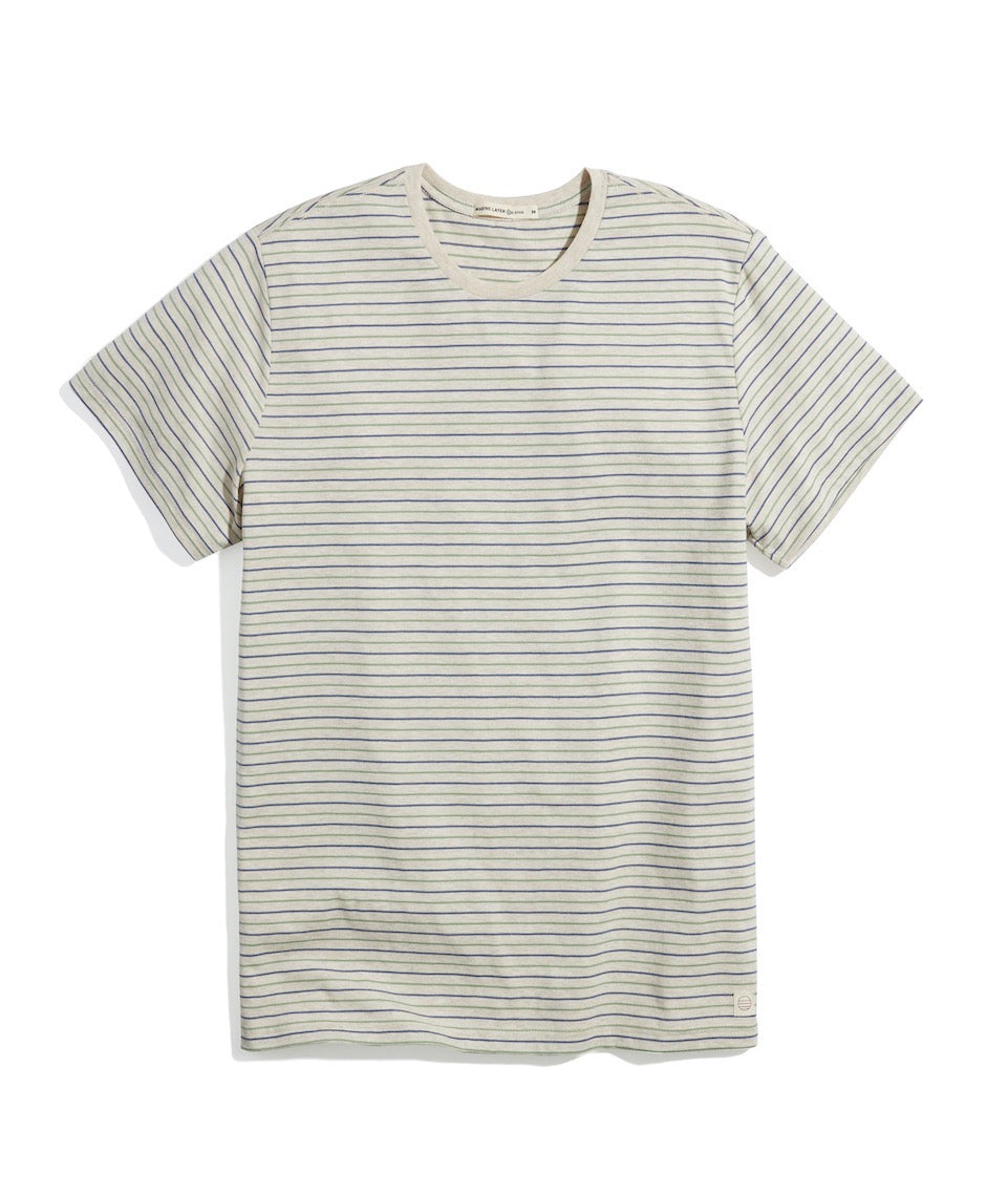 Signature Crew Tee Hedge Green and Vintage Indigo Stripe