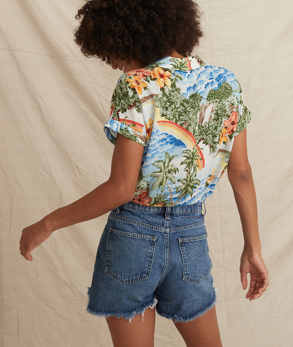 Malia Button Down Blue Hawaiian Print