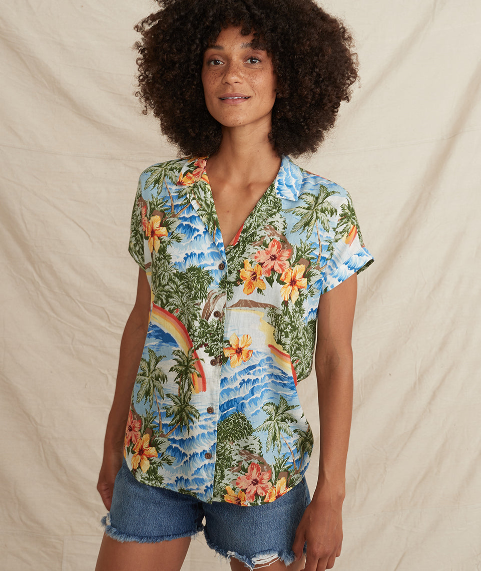 Malia Button Down Blue Hawaiian Print