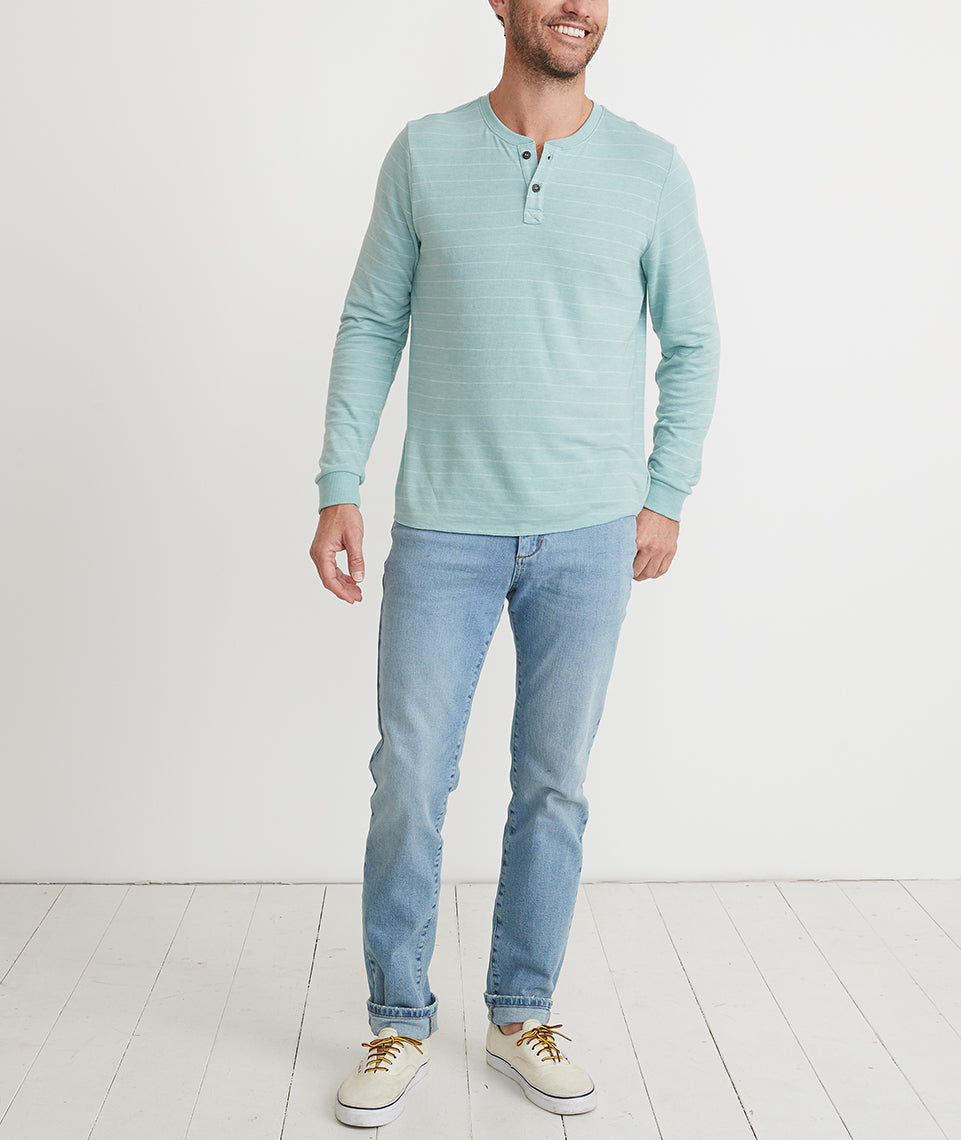 Double Knit Henley Blue Surf/White Stripe