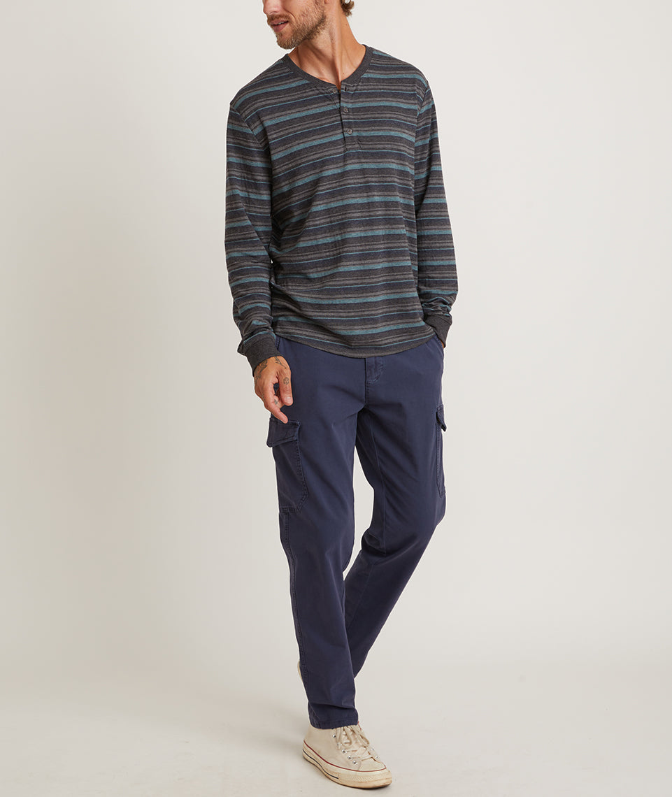 Marine Layer Double Knit Long Sleeve Baseball Henley in Natural/Moonless Night