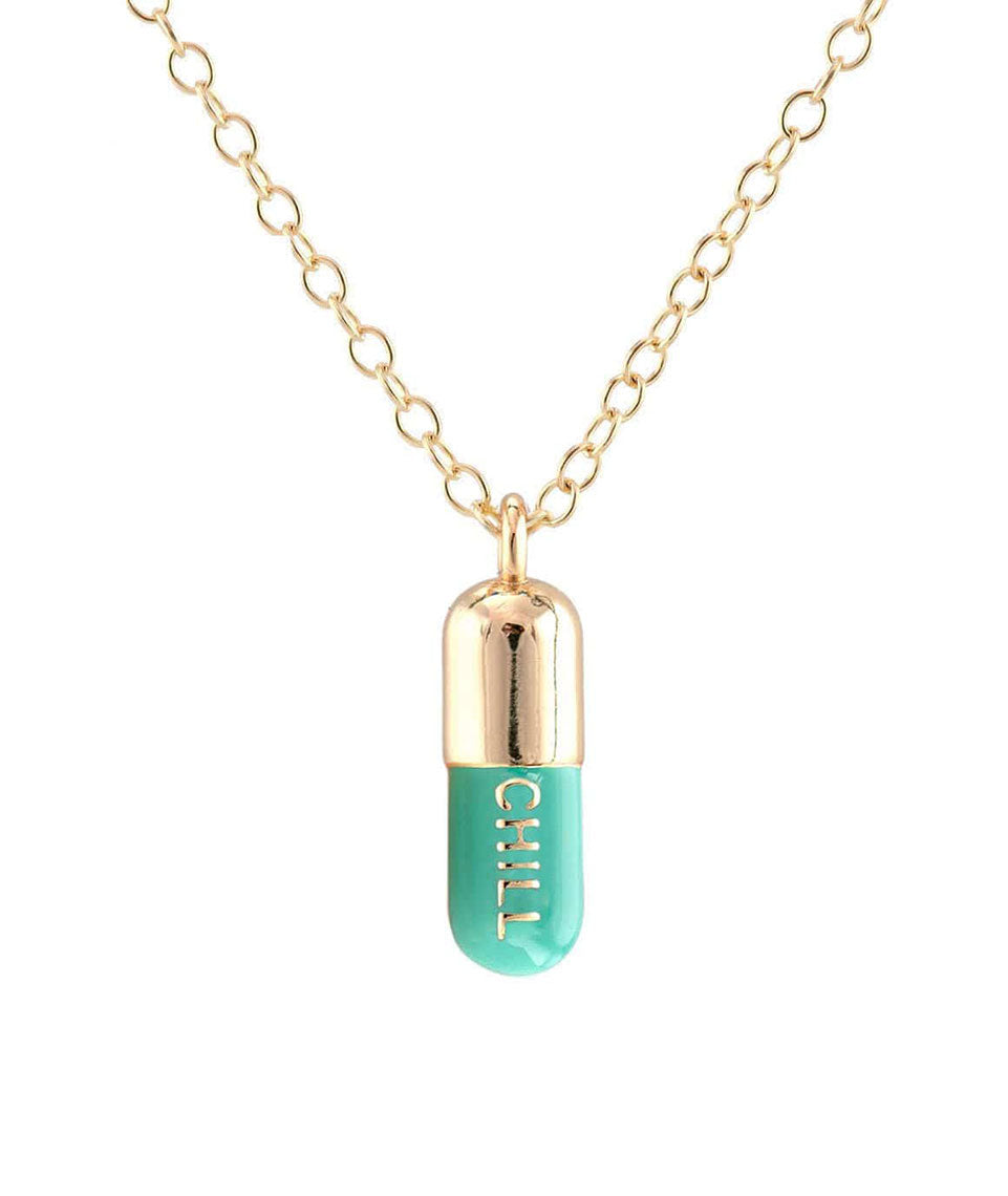 Kris Nations Chill Pill Enamel Necklace in Turquoise/Gold