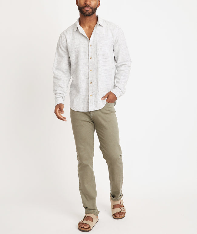 Classic Fit Long Sleeve Selvage Cotton Shirt in Natural/Blue Stripe