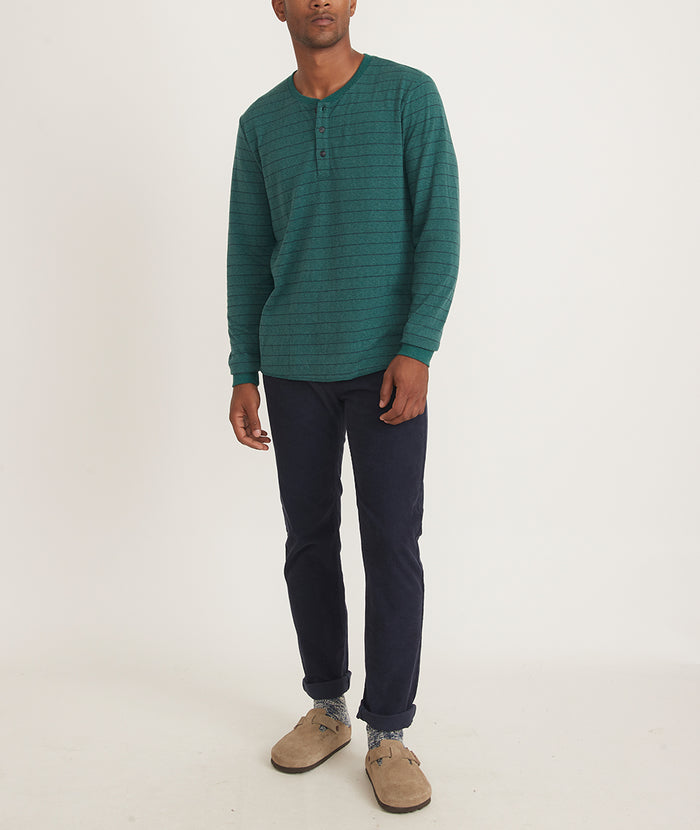 Marine Layer Double Knit Long Sleeve Baseball Henley in Natural/Moonless Night