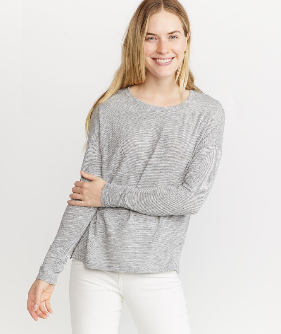 Mona Long Sleeve Crew Thin Grey/White Stripe