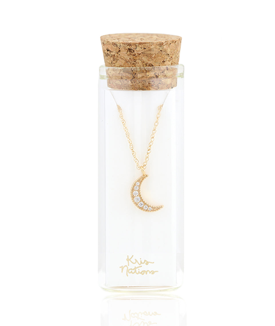 Kris Nations Crescent Moon Pave Charm Necklace in Gold