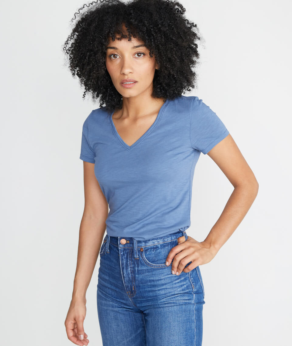 Slub V Neck Vintage Indigo