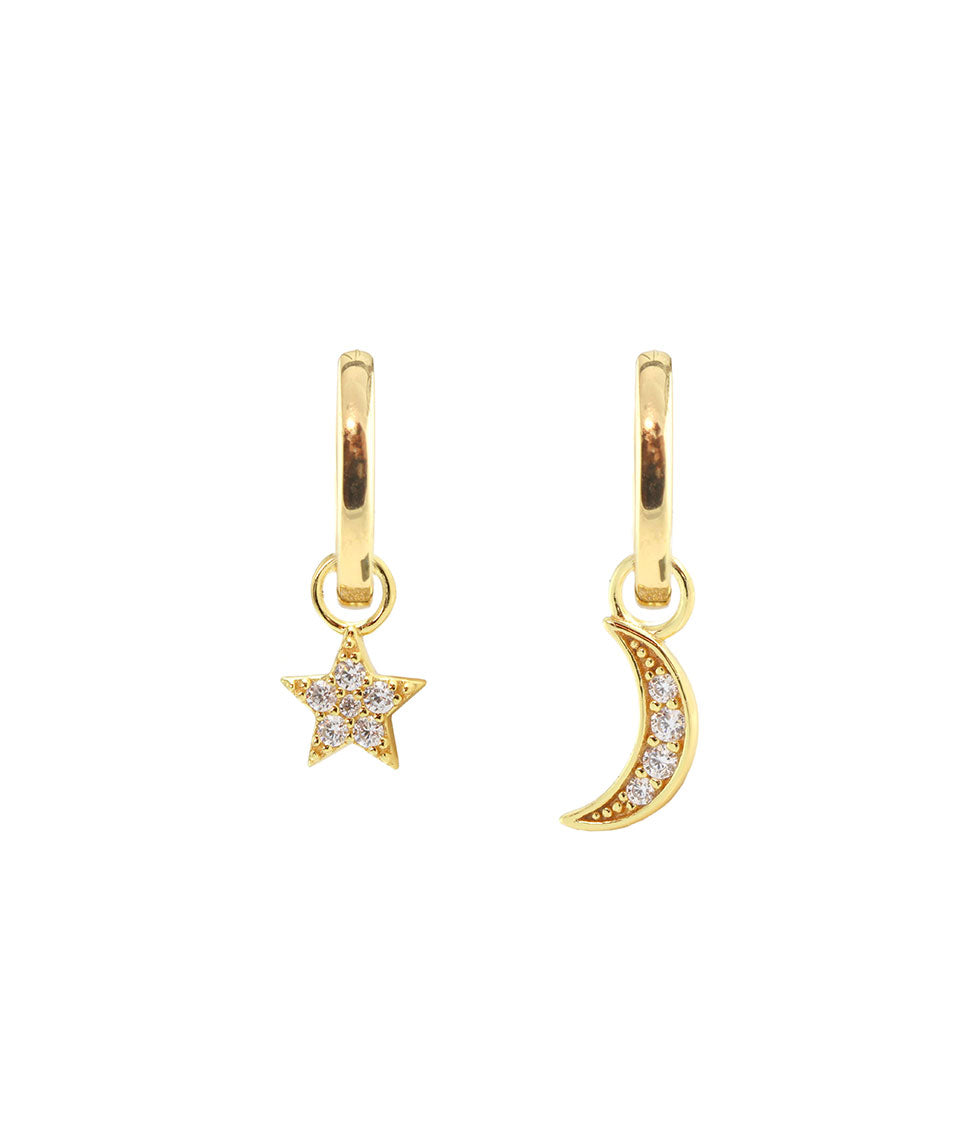 Kris Nations Star + Moon Huggie Hoop Earrings in Gold/Crystal Quartz