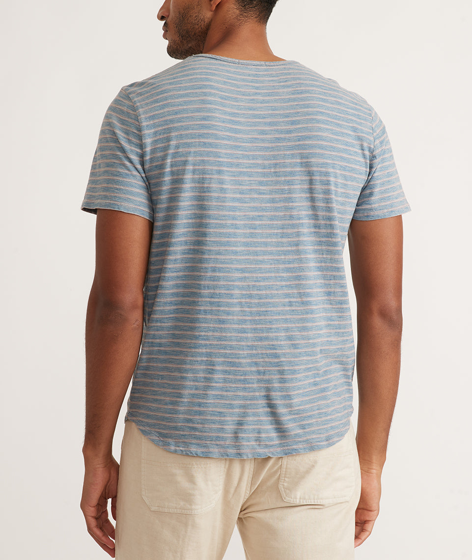 Saddle Hem Pocket Tee in Blue/Red Indigo Stripe